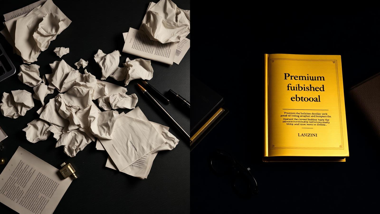 Avant : notes dispersées · Après : ebook premium prêt à vendre
